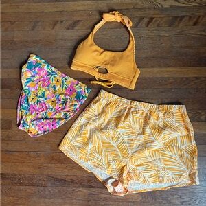 Yellow Knit Halter Top with Floral High-Waisted Bottoms, Leaf-Print Shorts